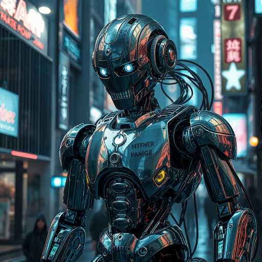 The image depicts a futuristic, cyberpunk-inspired scene featuring a humanoid robot standing in the middle of a bustling city street. The robot, which has a sleek, metallic body with a dark gray and black color scheme, is adorned with glowing blue eyes and a menacing, toothy grin. Its head is equipped with a helmet-like structure, and wires extend from its back, emphasizing its mechanical nature. The robot's chest bears the text "N-T-N-F-E-R" and "P-A-N-I-G-E," which could be interpreted as a form of digital or alien language. The background is filled with tall buildings and illuminated signs, some of which display Asian characters, suggesting an urban setting possibly in Japan or China. The scene is vibrant with neon lights and advertisements, creating a stark contrast between the cold, metallic robot and the lively, colorful cityscape.