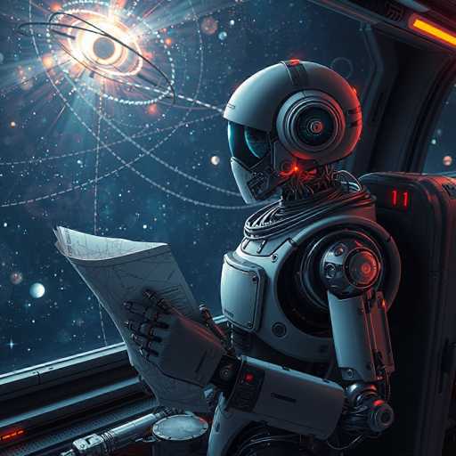 A sleek, silver robot sits in a futuristic spaceship cockpit, intently studying a detailed star chart. The robot's glowing blue visor reflects the swirling, colorful nebula outside the window, while a large, intricate, glowing object hangs in the cosmos. The overall style is highly detailed and digital art-inspired, emphasizing a sense of advanced technology and deep space exploration.
