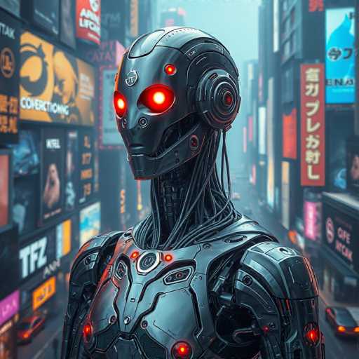 The image depicts a futuristic robot standing in a busy city street surrounded by tall buildings and neon signs. The robot has a metallic gray body with red eyes that glow like fireflies, giving it an otherworldly appearance. The background is filled with various advertisements and billboards, creating a vibrant urban atmosphere.