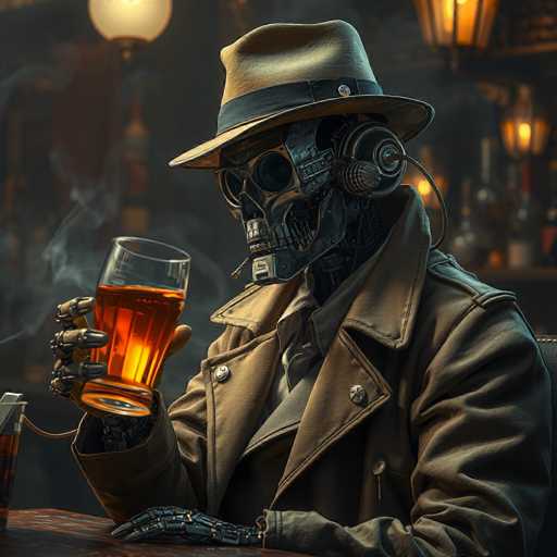 In this detailed digital artwork, a skeleton dressed in a brown trench coat and a brown fedora with a black band sits at a bar, holding a glass of amber-colored beer. The skeleton's right hand grips the glass, while its left hand rests on the table. The skeleton's face is a skull, and it wears a cigarette holder in its mouth. A wire extends from its ear, connecting to a small box on its back. The background features a bar setting with a dimly lit ambiance, complete with hanging lights and shelves lined with bottles of alcohol. The skeleton's eyes are black, adding to its eerie presence.