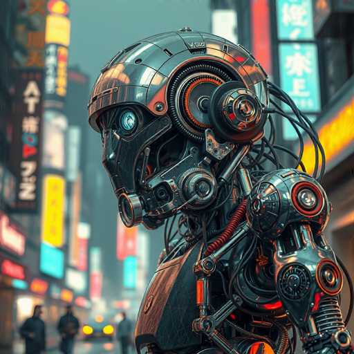 The image depicts a futuristic robot standing on a city street at night. The robot is equipped with a helmet and has large ears that give it an imposing appearance. It's facing towards the right side of the frame, giving the impression that it's observing its surroundings. In the background, there are neon signs illuminating the scene, adding to the urban atmosphere.