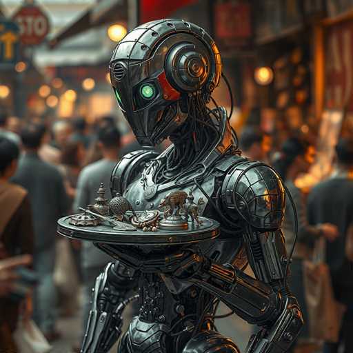 In this detailed, computer-generated image, a humanoid robot stands prominently in the foreground of a bustling city street. The robot, constructed from shiny, dark gray metal, features a sleek, helmet-like head with a green glowing eye and a red stripe on the side. Its body is adorned with various wires and cables, emphasizing its mechanical nature. The robot's right arm is extended, holding a round tray that displays an assortment of intricate metal figurines, including a wolf, a bird, a turtle, and a small building. The background is blurred, depicting a lively urban scene with numerous people walking along the street, illuminated by the glow of streetlights and shop signs. A stop sign is visible in the upper left corner, adding to the city ambiance. The overall composition highlights the contrast between the futuristic robot and the everyday hustle and bustle of city life.