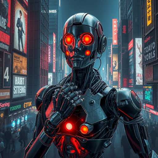 In this detailed, computer-generated image, a humanoid robot stands prominently in the center of a bustling city street, surrounded by towering skyscrapers adorned with vibrant neon signs and billboards. The robot, constructed from sleek, shiny metal, features a head with glowing red eyes and additional red lights on its chest and chin. Its right hand is raised to its chest, while its left arm hangs by its side. The scene is set at night, with the robot's illuminated features contrasting against the dark, grayish-blue sky. The street is lined with people walking along sidewalks, and the buildings display a mix of Asian characters and English text, including "Toyo World" and "Hart Stetting." The overall atmosphere is reminiscent of a futuristic, cyberpunk version of Times Square, filled with advertisements and billboards that add to the high-tech ambiance.