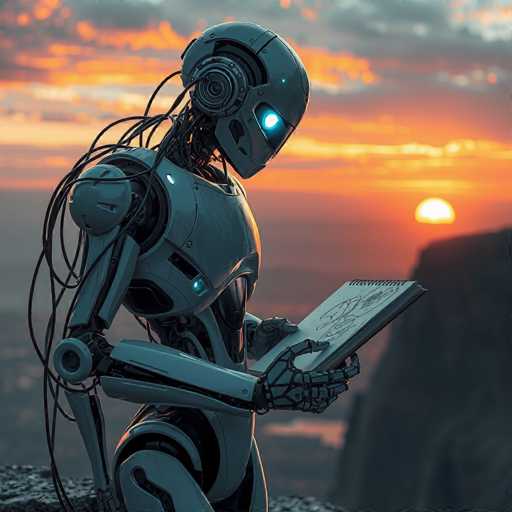 A robot with blue eyes and a white body is standing on a cliff overlooking the ocean at sunset. The robot has a notebook in its right hand and appears to be reading from it.