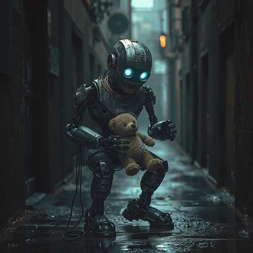 In this detailed 3D-rendered image, a humanoid robot is depicted kneeling in a dark, rain-soaked alleyway. The robot, with its metallic body and glowing blue eyes, clutches a brown teddy bear in its right hand. Its left hand is extended outward, fingers splayed, as if reaching for something. The robot's head features a grill-like mouth, adding to its mechanical appearance. Cables dangle from its shoulders, and a wire runs from its right foot up to its neck. The robot's knees are bent, and its feet are flat on the wet ground, which is littered with puddles reflecting the dim light. The alleyway is flanked by buildings on both sides, with a single orange streetlight hanging from a wire in the background, casting a muted glow over the scene. The overall atmosphere is dark and eerie, with the robot's blue eyes providing a stark contrast to the gloomy surroundings.