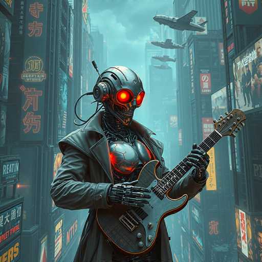 The image depicts a futuristic cityscape with tall buildings and neon signs. In the center of this urban environment is a person dressed as a robot playing a guitar on a street corner. The robot's attire consists of a black suit with red accents, and it holds an electric guitar in its right hand while wearing headphones that cover its ears.

The city itself is a blend of traditional and modern elements, with buildings featuring neon signs and billboards lining the streets. In the background, there are airplanes flying overhead, adding to the futuristic atmosphere of the scene.