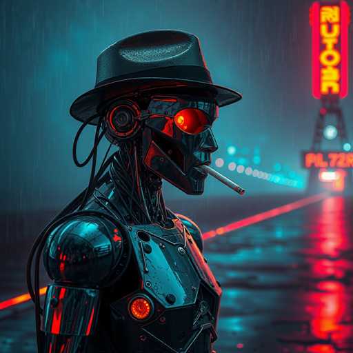 A sleek, dark-toned robot stands in a rainy, neon-lit cityscape. The robot wears a black fedora and has glowing red eyes, holding a cigarette. Rain streaks down, reflecting the vibrant neon lights in puddles on the wet ground. The overall style is futuristic and cyberpunk, with a focus on dark, moody lighting and detailed mechanical textures.