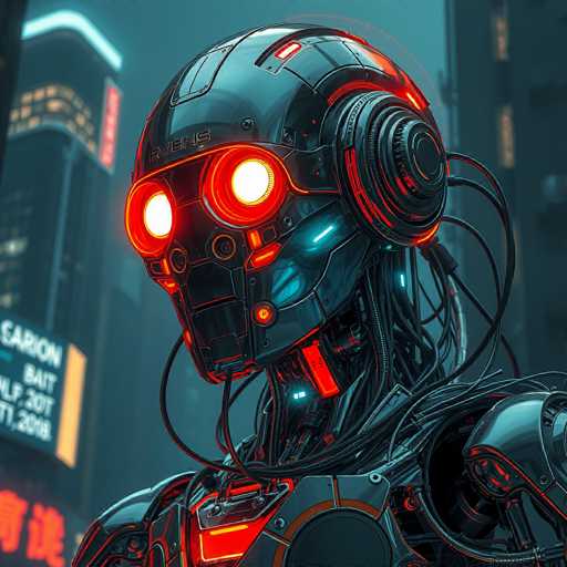 The image shows a close-up view of a robot's head and shoulders. The robot is wearing headphones that have red lights on them. The background features a cityscape with buildings illuminated by neon signs.