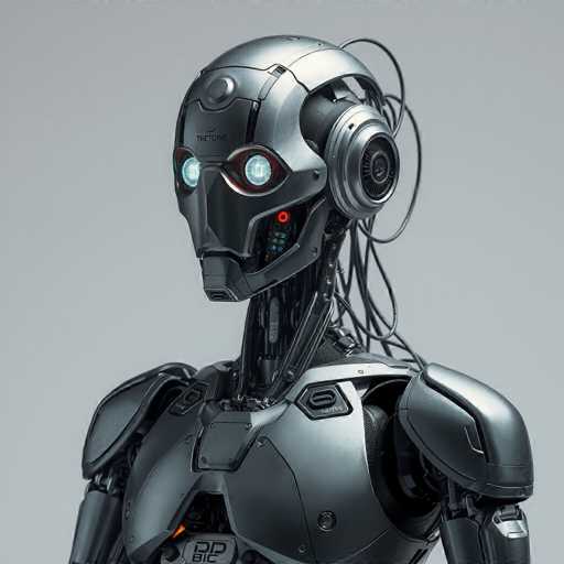 The image features a highly detailed, silver-colored humanoid robot with glowing blue and red eyes. The robot's body is intricate, showcasing a blend of mechanical and sleek design elements. It's positioned in a close-up, head-on view, emphasizing its metallic texture and complex circuitry. The overall art style is futuristic and realistic, with a focus on intricate details and a muted color palette.