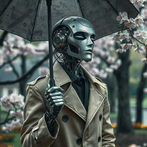 A silver, humanoid robot stands under a dark umbrella in a softly blurred park. The robot wears a beige trench coat and a black shirt, its metallic face gazing forward with a serene expression. Cherry blossom branches bloom in the background, creating a gentle, slightly melancholic atmosphere. The overall style is a blend of realistic and futuristic aesthetics, with a focus on texture and subtle lighting.