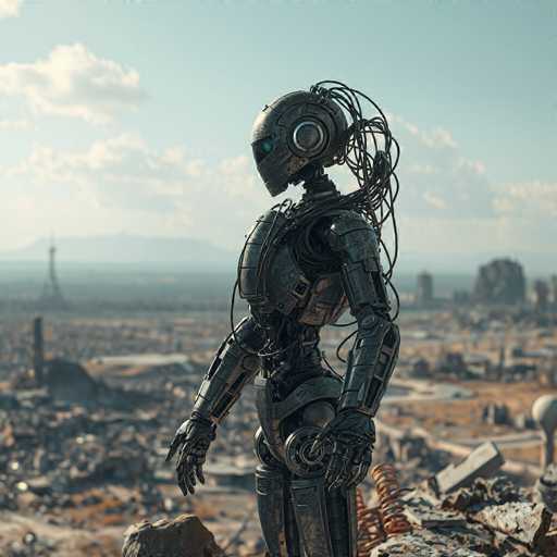 In this detailed image, a humanoid robot stands prominently in the foreground, gazing to the left. The robot's head is round and metallic, featuring a striking blue light where its eyes would be. Its body is composed of various metal components, with wires extending from the back of its head, wrapping around its neck and shoulders. The robot's arms are made of metal, ending in hands with four fingers each. Its torso is rounded, leading down to legs that are also constructed of metal. The robot stands on a rocky surface, with a rusted orange spring visible to its right.

The background reveals a desolate, post-apocalyptic landscape. A city lies in ruins, with scattered debris and broken structures. To the left, a tall tower stands amidst the chaos, while to the right, a large rock formation is visible. The sky above is a light blue, dotted with white clouds, adding a touch of serenity to the otherwise bleak scene.