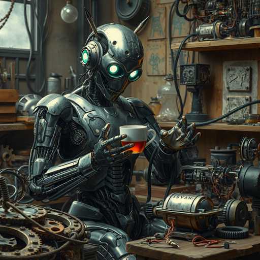 A detailed, steampunk-inspired robot sits in a cluttered workshop, holding a steaming cup. Gears and tools fill the background, creating a sense of intricate machinery. The robot's glowing green eyes gaze intently, while the overall style is highly detailed and slightly fantastical.
