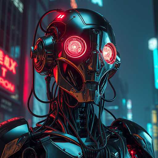 A close-up, highly detailed digital painting of a futuristic humanoid robot's head. The robot is primarily black with glowing red accents, particularly around its eyes and internal components. Its head is sleek and angular, with a visor-like faceplate that features multiple glowing red circular lights. 

The robot's body is partially visible, revealing intricate mechanical details and glowing red wires connecting to its head. The background is a blurred cityscape at night, with neon signs emitting vibrant blue and red lights, suggesting a cyberpunk or futuristic urban setting. The overall lighting is dramatic, with the glowing elements of the robot contrasting against the darker background. The style is highly detailed and realistic, emphasizing the intricate design of the robot's technology.