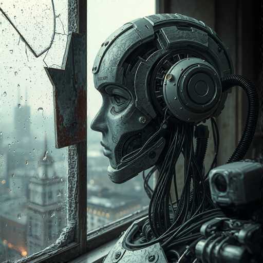 The image depicts a highly detailed, computer-generated scene of a humanoid robot gazing out of a broken window in a high-rise building. The robot, which has a metallic, dark gray body with a slightly lighter gray face, features intricate mechanical components, including visible wires and cables extending from its neck and back. Its head is adorned with a circular component on the side, possibly an ear or speaker, and it has a distinct nose and mouth. The robot's eyes are open, giving it a contemplative expression as it looks out at the rainy cityscape beyond. The window it peers through is cracked and surrounded by a dark brown frame, with water droplets clinging to the glass. The background reveals a blurred, grayish cityscape with tall buildings, enhancing the somber and reflective mood of the scene.