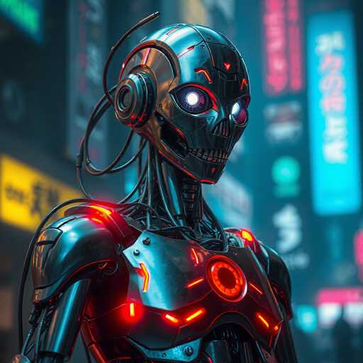 The image depicts a highly detailed, computer-generated robot standing in the middle of a bustling city street at night. The robot, which has a humanoid form, is primarily black with striking red accents. Its head features large, glowing white eyes and a skeletal nose, while its mouth is filled with sharp, human-like teeth. The robot's head is adorned with a helmet-like structure, complete with wires extending from the back and sides, and a camera-like device on the side of its head. Its chest is marked by a prominent red circle, surrounded by smaller red lights. The background is filled with tall buildings and billboards displaying Asian characters, likely Japanese or Chinese, illuminated by various neon signs in shades of blue, red, and yellow. The scene is slightly blurred, emphasizing the robot as the focal point of the image.