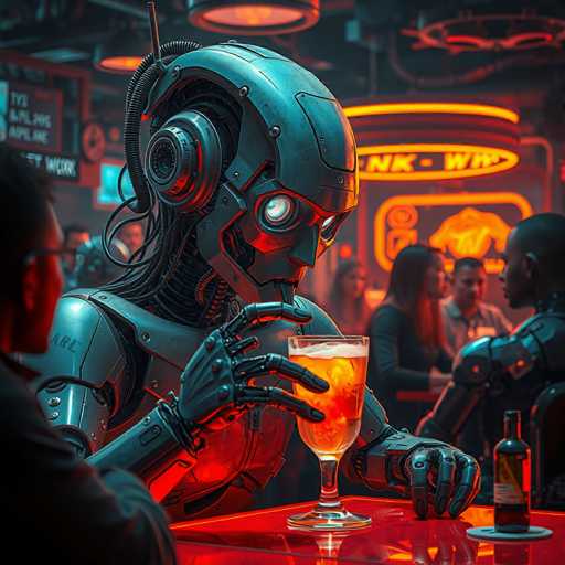 The image depicts a futuristic scene with a robot seated at a bar counter holding a glass of beer and wearing headphones. The background shows other people present but blurred out.