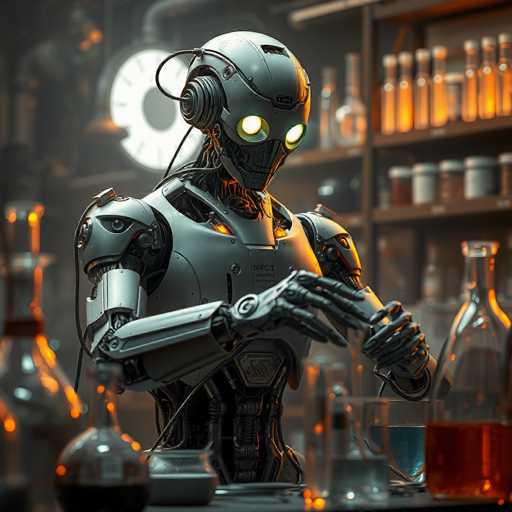 The image depicts a robot with a human-like face and arms seated at a table surrounded by various laboratory equipment including beakers, test tubes, and flasks filled with liquids. The robot is wearing headphones and appears to be engaged in some sort of activity or experiment.