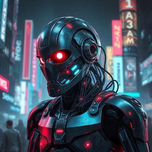 The image shows a futuristic robot standing in front of a cityscape at night. The robot has a metallic body and glowing red eyes that give it an intense and mysterious appearance. The background is filled with neon signs and buildings, creating a vibrant and bustling urban atmosphere.