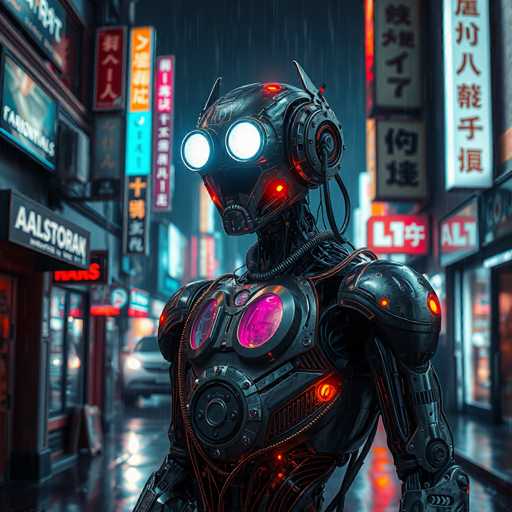 A sleek, dark-colored robot stands in a neon-lit, rainy city street. The robot's head features glowing white and pink eyes, while its body is detailed with intricate mechanical parts. The background showcases vibrant, vertical signs in Japanese script and bright neon lights reflecting on the wet pavement, creating a cyberpunk atmosphere. The overall style is highly detailed and futuristic.