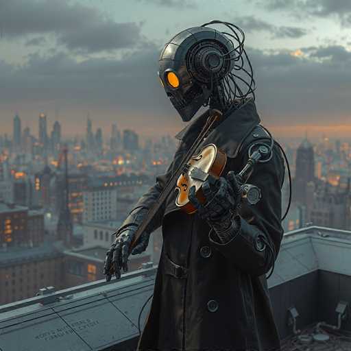 A robot dressed as a musician stands on a rooftop overlooking a cityscape at sunset. The robot is holding a brown violin and wearing a black suit with a helmet that has a yellow light on it.