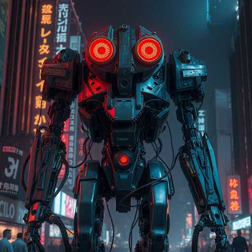 The image depicts a futuristic robot standing on a city street at night. The robot has large red eyes and glowing red arms that extend outwards from its body. It is facing the camera directly with an expression of determination or focus. In the background, there are buildings illuminated by neon lights, creating a vibrant urban atmosphere. A few people can be seen walking along the sidewalk in front of these buildings.