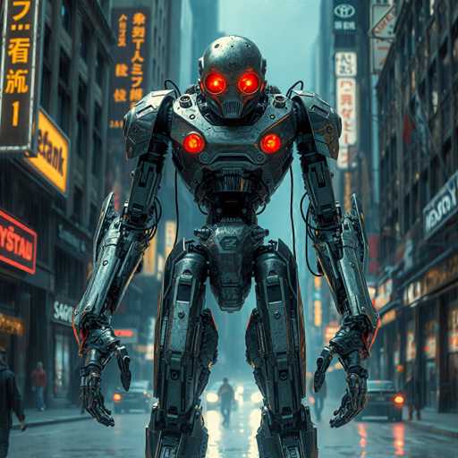 The image depicts a futuristic cityscape with tall buildings and neon signs. In the center of the frame is a large robot-like figure standing on a street corner, facing towards the right side of the image. The robot has a metallic gray body and red eyes that glow in the dark. A few cars are parked along the street, and people can be seen walking around the cityscape.
