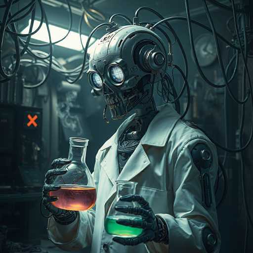 The image depicts a highly detailed, computer-generated scene of a robot standing in a dimly lit laboratory. The robot, which has a skull-like head with glowing blue eyes and a skeletal jaw, is dressed in a white lab coat. Its metallic body is adorned with numerous wires and tubes extending from its head and back. The robot's hands, which are also metallic, are holding two beakers filled with different colored liquids—one orange and one green. The laboratory setting is cluttered with various pieces of equipment, including a large red X on the wall to the left and a clock on the wall to the right. The room is illuminated by a long, rectangular fluorescent light fixture, casting a stark glow over the scene. The overall atmosphere is dark and mysterious, with the robot appearing to be engaged in some form of scientific experiment.