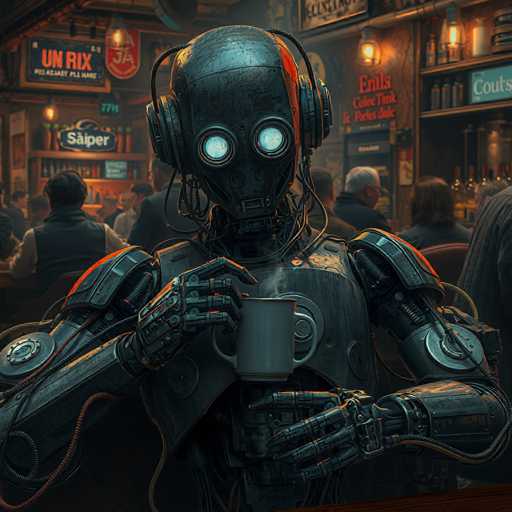 The image depicts a robot with large eyes and headphones, holding a coffee cup and standing in front of a bar filled with people. The background shows the interior of a bar with various signs and bottles on shelves.