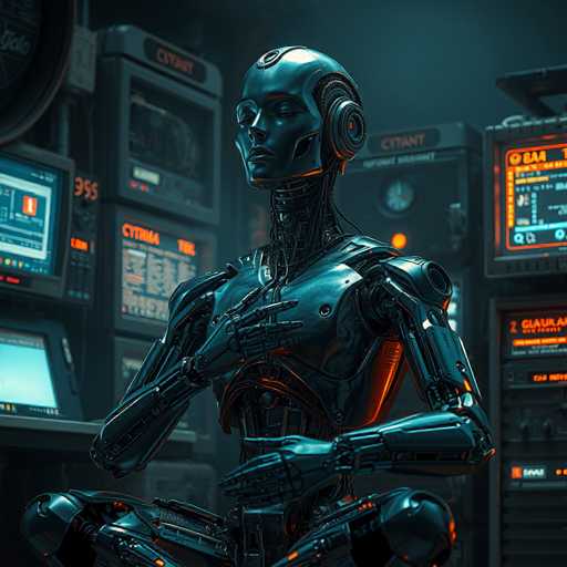 A sleek, dark-skinned humanoid robot sits in a dimly lit, futuristic server room. The robot is positioned centrally, facing slightly to the left, with its hands clasped in a meditative pose. Behind it, numerous glowing monitors display complex data and digital interfaces. The overall style is highly detailed and cyberpunk-inspired, emphasizing a blend of advanced technology and a somewhat sterile environment.