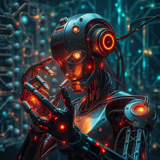 The image depicts a highly detailed, computer-generated robot with a distinctly human-like form. The robot's head is round and metallic, featuring a prominent circular speaker-like structure on the side with a glowing orange light. Its eyes are large and oval-shaped, also glowing orange, giving it a lifelike appearance. The robot's face is adorned with a nose and mouth, and it has a metallic neck leading to a silver chest plate. Its arms are outstretched, with the right hand touching its forehead and the left hand raised, as if it is about to touch its thumb. The robot's body is primarily silver with intricate mechanical details, and it has glowing red lights on various parts, including its shoulders and hands. The background is a blurred array of blue, orange, and yellow lights, resembling a complex network of wires and machinery, enhancing the futuristic and technological ambiance of the scene.