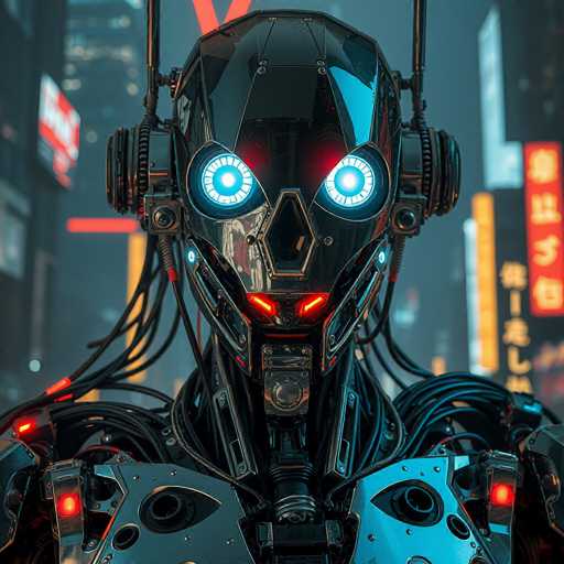 The image depicts a highly detailed, futuristic robot set against a backdrop of a bustling cityscape. The robot, which appears to be a blend of human and mechanical features, has a sleek, black metallic body with a head that is reminiscent of a human skull. Its eyes are striking, glowing with a bright blue light, while red lights illuminate its nose and mouth, giving it an eerie, yet captivating appearance. The robot's body is adorned with numerous wires and cables, suggesting advanced technological capabilities. In the background, towering skyscrapers with illuminated signs in various languages, including what appears to be Japanese or Chinese characters, create a vibrant, neon-lit urban environment. The overall scene evokes a sense of a high-tech, dystopian future, possibly inspired by a sci-fi movie or video game.