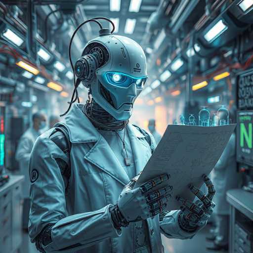 The image depicts a highly detailed, computer-generated scene of a futuristic laboratory. At the center stands a humanoid robot, dressed in a white lab coat adorned with a black circle and the letter "A" on its right arm. The robot's head is metallic with a distinctive design, featuring a circular element on the left side and a protruding tube with a blue light. Its eyes are glowing blue, and it wears a mask-like face with a small slit for a mouth. The robot's hands are also metallic, and it holds a white piece of paper with intricate blue diagrams.

The background reveals a long, brightly lit hallway with numerous fluorescent lights and various pieces of scientific equipment. To the left, a man in a white lab coat and mask is visible, while on the right, another person in a similar outfit stands near a computer screen displaying a large green "N." The scene is filled with a sense of advanced technology and scientific exploration, emphasizing the robot's role in this high-tech environment.