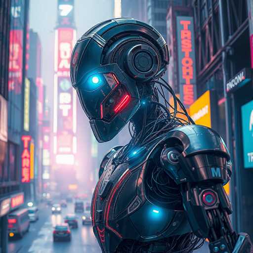 The image depicts a futuristic robot standing on a busy city street surrounded by tall buildings and neon signs. The robot is wearing a helmet with blue lights that illuminate its face, giving it an otherworldly appearance. The background shows cars driving down the street and various buildings in the distance, creating a sense of depth and perspective.