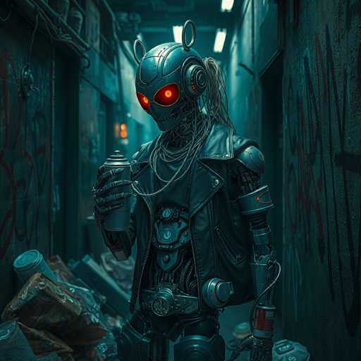The image depicts a highly detailed, computer-generated scene of a futuristic robot standing in a dimly lit, graffiti-covered alleyway. The robot, which has a humanoid form, is adorned in a black leather jacket and a belt with a prominent buckle. Its head is metallic with large, glowing orange eyes that have black pupils, giving it a menacing appearance. The robot's ears resemble those of Mickey Mouse, and its neck is encircled by a tangle of wires. It holds a spray paint can in its right hand, suggesting it might be the creator of the graffiti surrounding it. The robot's chest features a metallic plate with various components, and its legs are also metallic. The alleyway is cluttered with trash, including a can on the ground, and the walls are covered in vibrant graffiti. The scene is illuminated by a series of fluorescent lights running along the ceiling, casting a stark light on the robot and its surroundings.