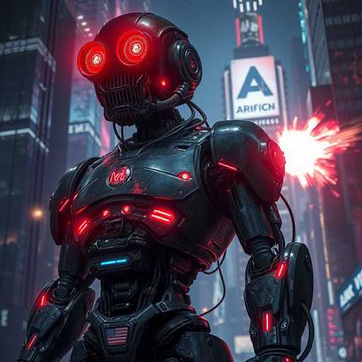 The image depicts a futuristic, anthropomorphic robot standing in the middle of a bustling city street. The robot, which has a humanoid form, is predominantly black with striking red accents. Its head features two large, glowing red eyes that resemble headlights, and a grill-like mouth. The robot's chest is adorned with a circular emblem containing the letters "MV" in red, and its torso is illuminated with red lights. The robot's arms are black with red stripes, and it has a small American flag patch on its right shoulder. Cables run from its head to its shoulders, adding to its mechanical appearance. In the background, tall skyscrapers with neon signs and billboards, including one that reads "A-R-I-F-C-I-N," frame the scene. The sky is a dark blue, suggesting it is either dusk or night. The robot appears to be in motion, possibly running, with a spark of electricity visible behind it, enhancing the dynamic and high-tech atmosphere of the image.