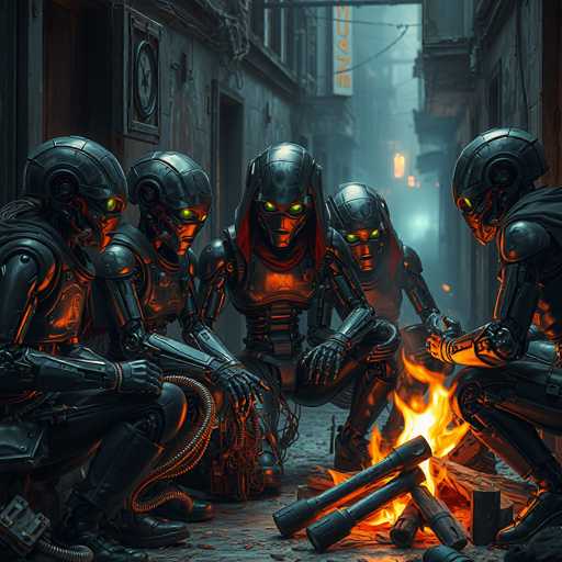 A group of five humanoid robots, clad in dark, metallic armor with glowing green eyes, huddle around a crackling campfire in a dimly lit, futuristic alleyway. The robots are positioned closely together, their postures suggesting a shared moment of contemplation or discussion. The scene is rendered in a detailed, digital art style with a slightly gritty, cyberpunk aesthetic, emphasizing the contrast between the warm glow of the fire and the cool, dark environment.