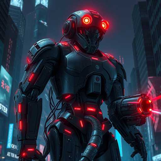 The image depicts a highly detailed, futuristic scene set in a dark, nighttime cityscape. Dominating the foreground is a large, humanoid robot with a sleek, black metallic body adorned with numerous red lights and wires. The robot's head features two prominent, glowing red eyes that resemble headlights, and it has a helmet-like structure with a black face mask. Its right arm is extended, holding a large gun that emits red laser beams, while its left arm hangs by its side. The robot's chest is equipped with a camera-like device, and a tube extends from its waist to its right leg. The background showcases towering skyscrapers with illuminated signs and billboards, some displaying Asian characters, suggesting an urban setting possibly in Japan or China. The overall atmosphere is dark and moody, with the robot appearing to be on a mission, adding to the scene's sense of tension and anticipation.