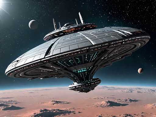 The image depicts a highly detailed, computer-generated scene of a futuristic spaceship hovering above a barren, rocky planet. The spaceship, resembling a large flying saucer, is primarily gray with intricate patterns of black and white lines. It features a smaller, circular craft on top, adorned with orange lights, and a central section that tapers down into a pointed tip, also illuminated with blue lights. The planet below is characterized by its reddish-brown, desert-like terrain, devoid of any vegetation, and marked by numerous craters and rocky formations. In the background, a dark blue sky is filled with stars, and a bright sun is visible in the upper left corner. Additionally, a smaller moon can be seen on the right side of the image, adding to the cosmic atmosphere.