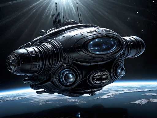 The image shows a futuristic spaceship with a large circular window and two antennae on top of it. The spaceship is floating in space above the Earth's surface, which has blue oceans visible below.