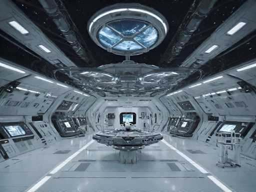 The image depicts the interior of a futuristic spaceship, dominated by a sleek, white, and metallic design. The central focus is a large, circular viewport displaying a view of space with Earth. Below it, a control console sits on a raised platform, flanked by various screens and panels. The overall style is clean, minimalist, and technologically advanced, emphasizing a sense of vastness and futuristic exploration.