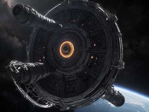 The image shows a large spaceship with two engines on either side and a circular window at the center. The spaceship is floating in space against a backdrop of stars and planets.