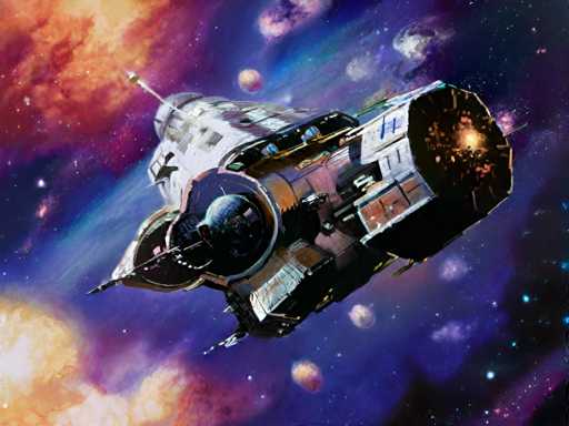 The image depicts a large space shuttle with a white and gray color scheme, featuring a pointed nose and two engines on either side of the fuselage. The shuttle is moving through a star-studded sky filled with planets and other celestial bodies, creating an impression of travel or exploration.