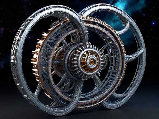 The image depicts a highly detailed, computer-generated 3D model of a futuristic spaceship or spacecraft. The vessel is predominantly silver with intricate gold accents, particularly noticeable on the central engine and surrounding components. It features a complex assembly of interconnected circular and oval shapes, resembling gears and mechanical parts, giving it a distinctly sci-fi aesthetic. The spacecraft is set against a dark, black background that evokes the vastness of space, with a striking blue nebula or galaxy visible in the upper right corner. The overall design is sleek and advanced, with a central circular structure from which various metallic elements extend, creating a visually captivating and imaginative scene.