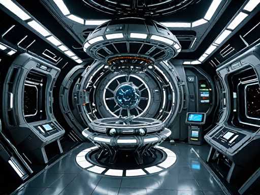 The image depicts a highly detailed, futuristic interior that resembles a spaceship or advanced control room. The room is predominantly gray with black accents, featuring a sleek, reflective floor that enhances the modern aesthetic. Central to the scene is a large, circular structure with a prominent blue orb at its core, surrounded by a star-like pattern. This orb is encased in a circular frame with a starburst design, and it appears to be suspended above a circular platform. The room is illuminated by numerous white lights, including a ring of lights around the central orb and additional lights on the ceiling and walls. Various control panels and computer screens are positioned on both sides of the room, with a notable screen on the right displaying a starry sky. The overall atmosphere is one of high-tech sophistication, with a color palette dominated by grays, blacks, and blues, creating a clean and futuristic ambiance.