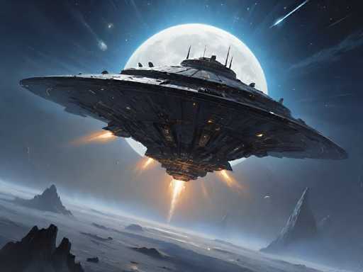The image depicts a detailed, computer-generated scene of a large, dark gray UFO hovering over a barren, rocky planet. The UFO, which has a circular shape with pointed ends, is emitting bright orange flames from its bottom, suggesting it is either landing or taking off. The planet below features jagged rock formations and a flat, gray surface, devoid of any vegetation. In the background, a large, glowing white moon dominates the sky, surrounded by a blue aura. The sky itself is a deep blue, scattered with stars and streaked by several shooting stars, adding to the otherworldly atmosphere of the scene.
