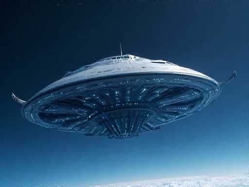 A futuristic, silver and blue alien spacecraft hovers in the deep blue sky. The ship has a sleek, disc-like design with intricate glowing patterns and multiple engine nacelles. It's positioned at a slight angle, showcasing its detailed exterior. The background is a gradient of deep blue to lighter blue near the horizon, with a faint view of Earth's atmosphere and clouds at the bottom. The overall lighting suggests a bright, possibly artificial light source illuminating the spacecraft from within.