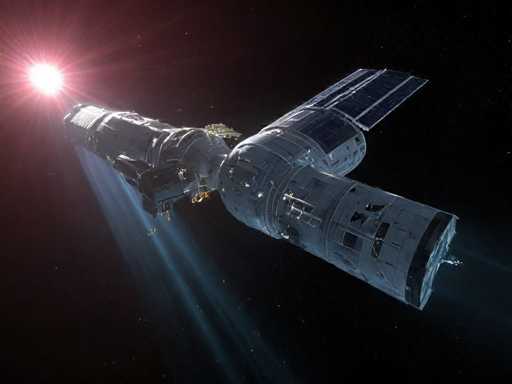The image shows a large space shuttle with two wings and a pointed nose, painted in shades of gray and white. The shuttle is positioned on the right side of the frame, moving towards the left. The background is dark blue, filled with stars that create a sense of depth and vastness.