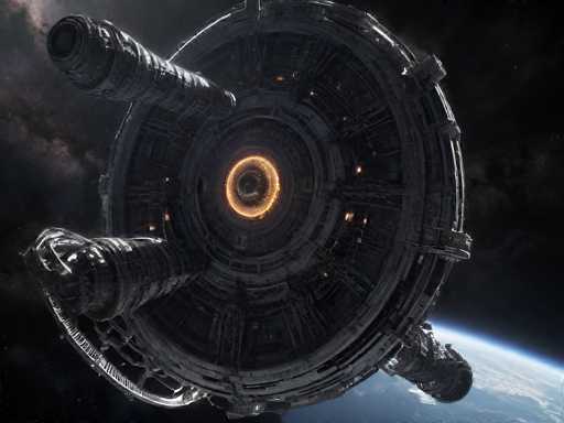 A detailed, high-resolution image of a massive, futuristic spaceship in deep space. The ship is predominantly dark gray and metallic, with intricate details of glowing orange energy visible at its core. The design is circular, with multiple cylindrical structures extending outwards and a complex network of panels and conduits visible on its surface. The ship is positioned in the foreground, occupying a significant portion of the frame, with a blue and white Earth visible in the background. The overall lighting is dramatic, highlighting the ship's intricate details and creating a sense of scale and power. The background is filled with dark space, punctuated by distant stars and nebulae.