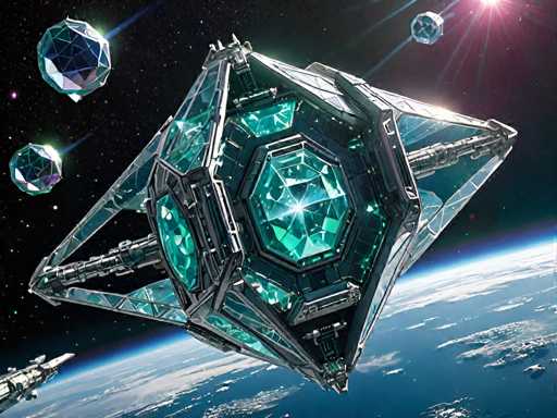 A futuristic, large, geometric spacecraft is shown hovering in space above Earth. The spacecraft has a complex, angular design with glowing teal crystalline structures embedded within its frame. It appears to be in the process of docking or maneuvering, with various mechanical components visible. The spacecraft is surrounded by several floating crystalline spheres of varying sizes and colors, some emitting a soft glow. The Earth is visible in the background, with swirling clouds and a bright blue atmosphere. Streaks of light suggest movement or energy trails in the surrounding space, adding to the futuristic and otherworldly atmosphere. The overall lighting is dramatic, with highlights on the crystalline structures contrasting against the dark space and Earth's surface.