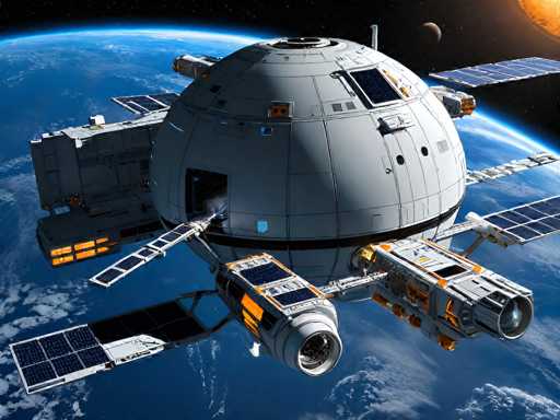 A futuristic, large space station orbiting Earth. The station is primarily gray and white with orange accents on solar panels and engine components. It has a spherical central module with various docking ports, solar arrays, and what appears to be an engine or propulsion system at the bottom. The station is positioned in Earth orbit, with a vibrant blue and white planet visible in the background, along with some distant celestial bodies. The overall scene is a detailed and realistic depiction of a technologically advanced space station in orbit, showcasing its intricate design and the vastness of space.